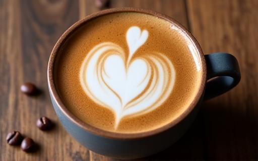 Cawan kopi latte dengan seni latte yang indah, disajikan di meja kayu Rentak Masa.
