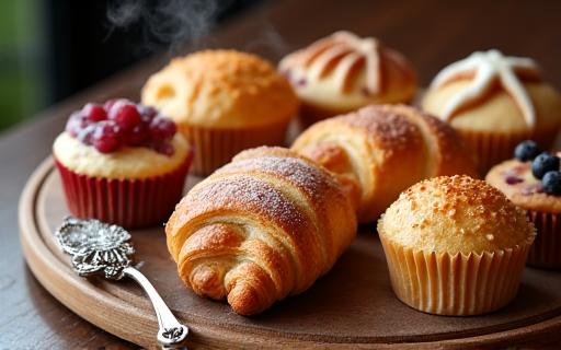 Rangkaian pastri segar, termasuk croissant keemasan dan muffin, di kedai Rentak Masa.