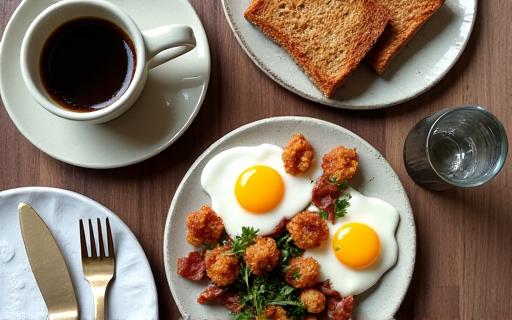 Sarapan pagi yang komplit dengan roti bakar, telur, dan kopi, disajikan di Rentak Masa.
