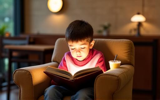 Seorang budak sedang membaca buku dengan tenang di sudut kafe Rentak Masa, ditemani minuman.