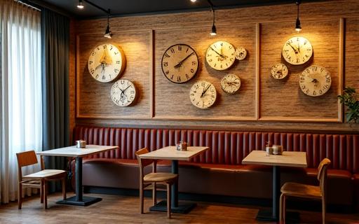 Interior kafe Rentak Masa dengan tema jam dinding antik, pencahayaan hangat, dan perabot kayu selesa.