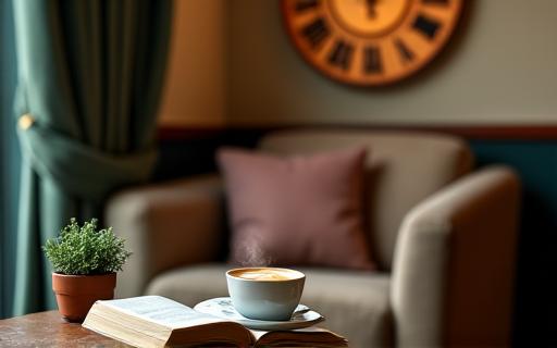 Sudut bacaan yang selesa di kafe Rentak Masa dengan buku, cawan kopi, dan jam dinding sebagai hiasan.