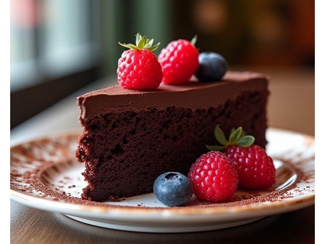 Hirisan kek coklat ganache istimewa dengan hiasan buah beri di kafe. 