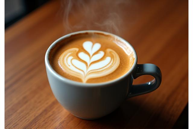 Cawan kopi espresso dengan latte art cantik di atas meja kayu.