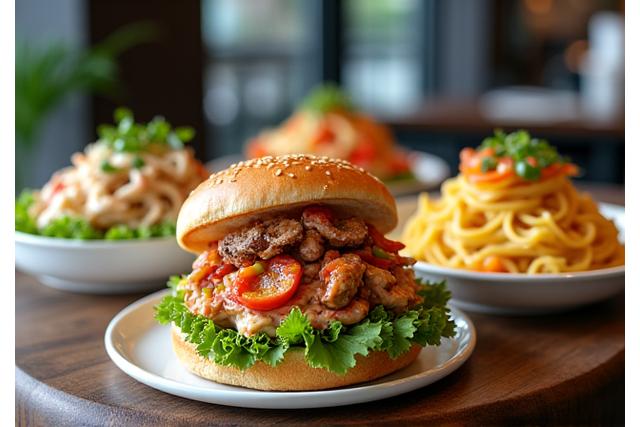 Pelbagai pilihan makan tengahari seperti salad segar, sandwic gourmet, dan pasta ringan di kafe.