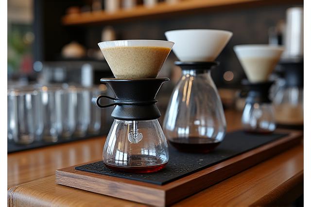 Set alat manual brew, V60, Chemex, dan syphon di kaunter kedai kopi.