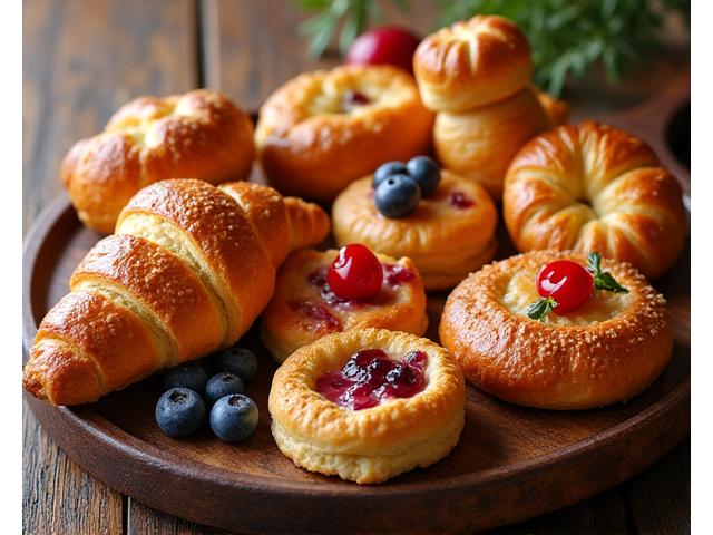 Pelbagai pastri artisan segar seperti croissant, danish, dan scone di atas dulang pembakar.