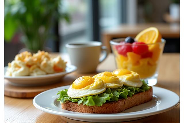Hidangan sarapan pagi seperti roti bakar avocado dan telur hancur di kafe yang selesa.