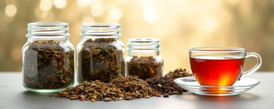 Pelbagai jenis teh daun longgar dalam balang kaca di samping cawan teh yang dihidangkan.