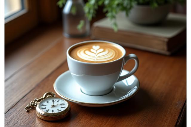 Cawan kopi artisan di hadapan jam vintaj